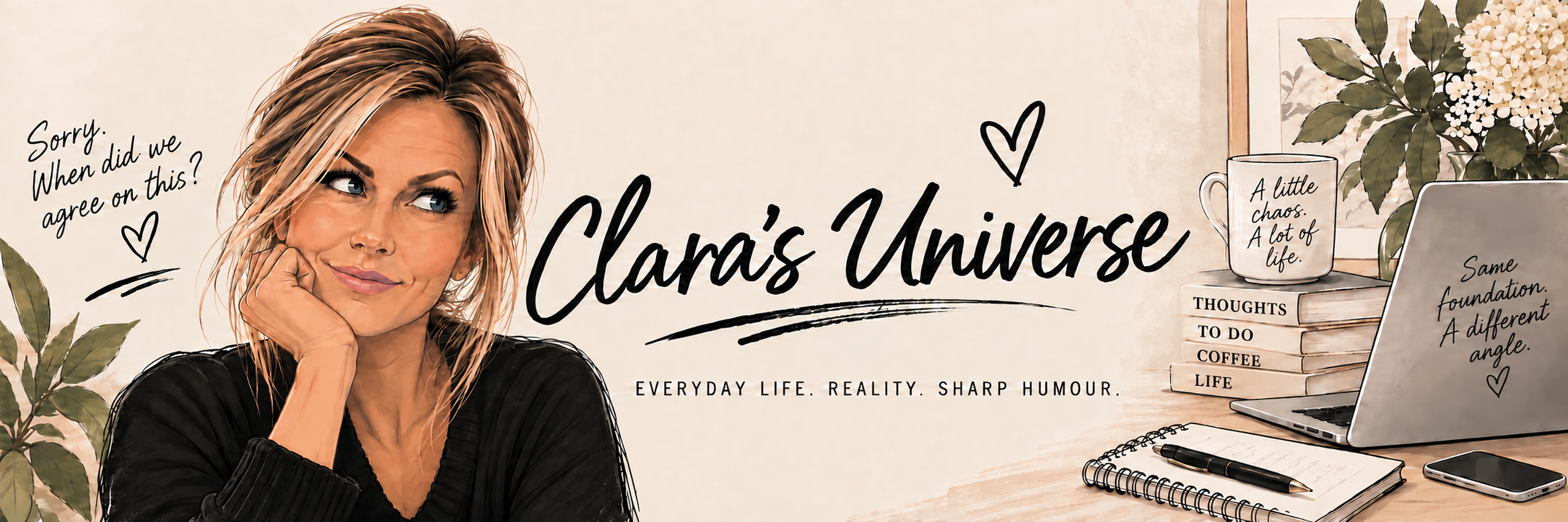 Clara’s Universe. Everyday life. Reality. Sharp humour. Clara at her desk.
