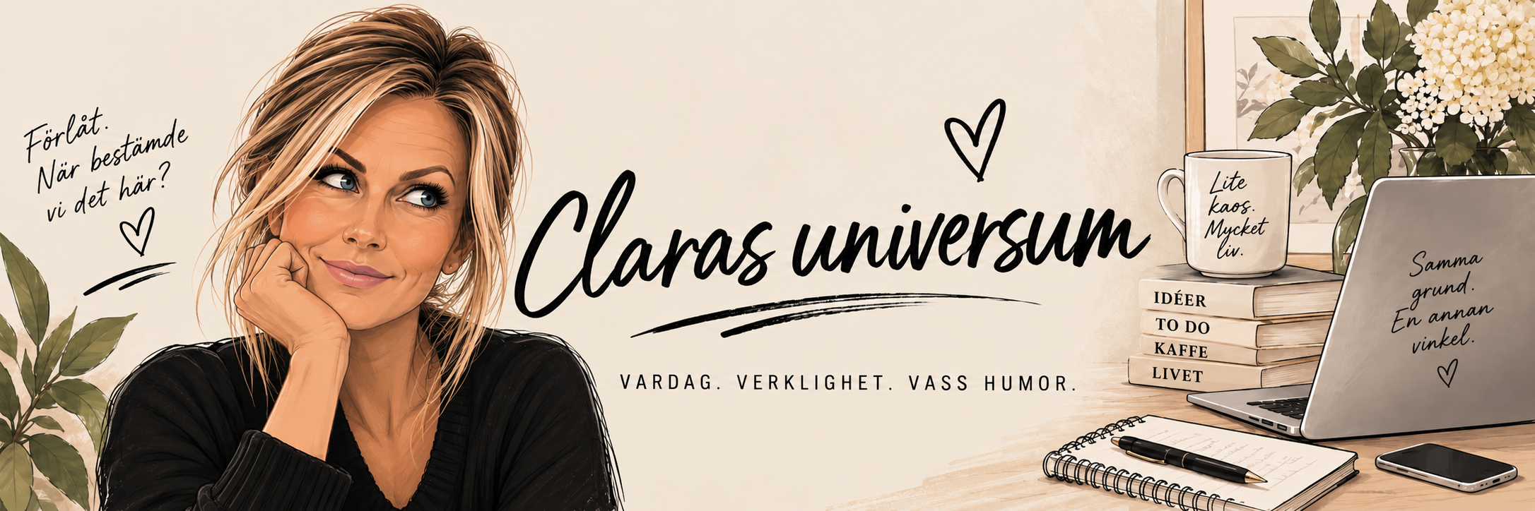 Claras universum. Vardag. Verklighet. Vass humor. Illustrerad Clara vid ett skrivbord.
